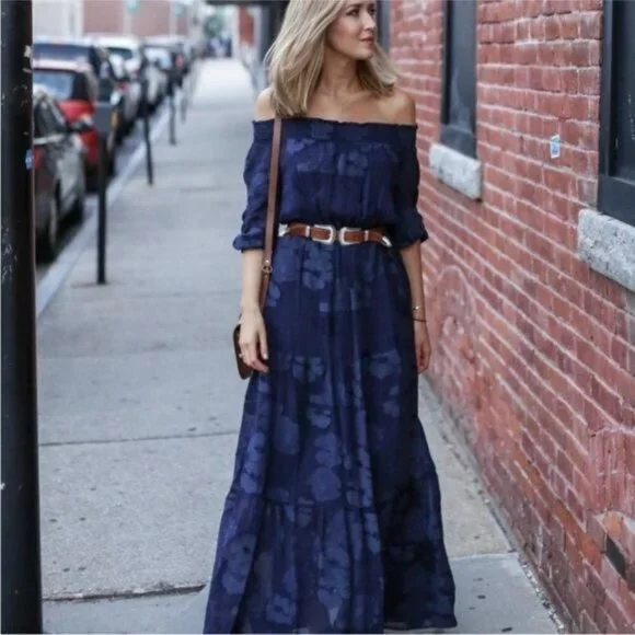 Shoshanna midnight navy blue floral embossed off shoulder maxi dress Prom 4 - Picture 15 of 15